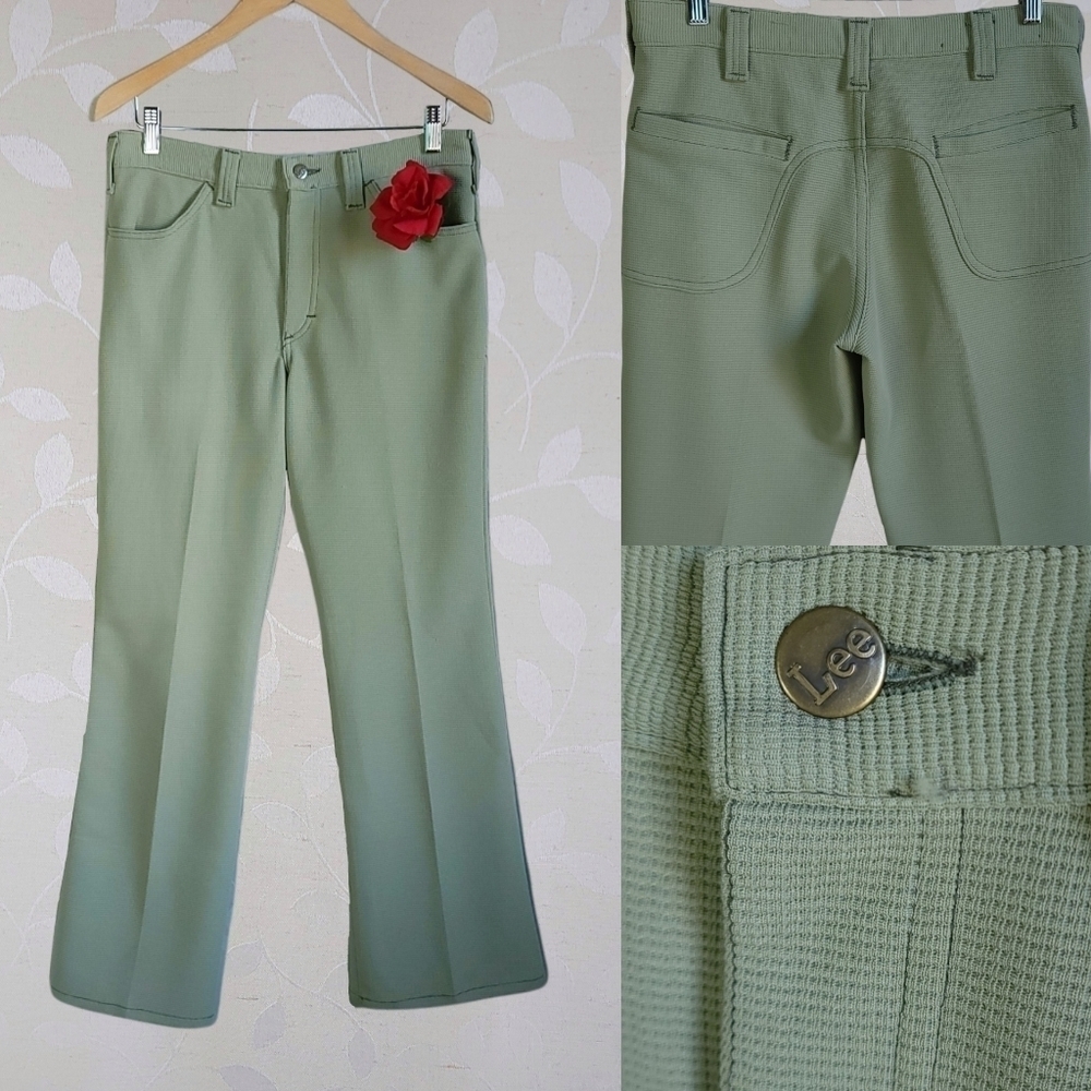 Vintage 70s High Rise Waffle Knit Flared Leg Comfy Trousers Lee Sage Green